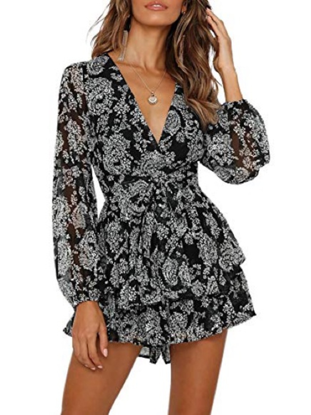 Black Floral V-Neck Long Sleeve Mini Romper